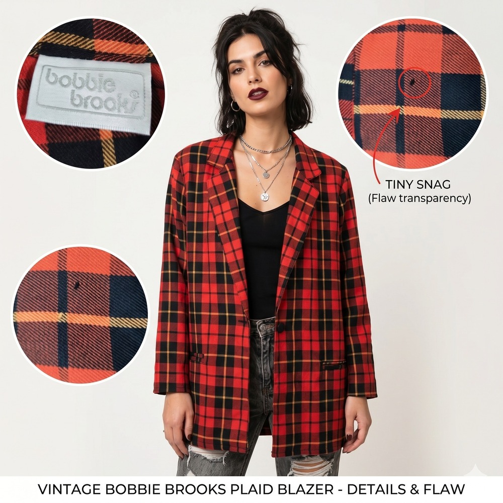 Vintage Bobbie Brooks Plaid Blazer Jacket Red Black‎ Yellow L 90s Grunge Light